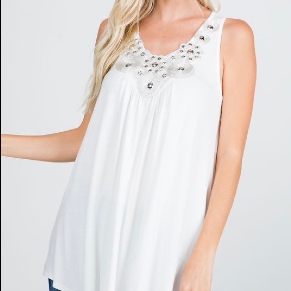 LUREX BEADED NECK TRIM SOLID JERSEY TANK TOP - Picture 5 of 5